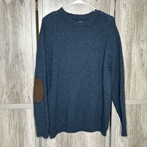 Line of Trade Sweater XL Wool Blend Fisherman Speckled Elbow Patch Blue EUC